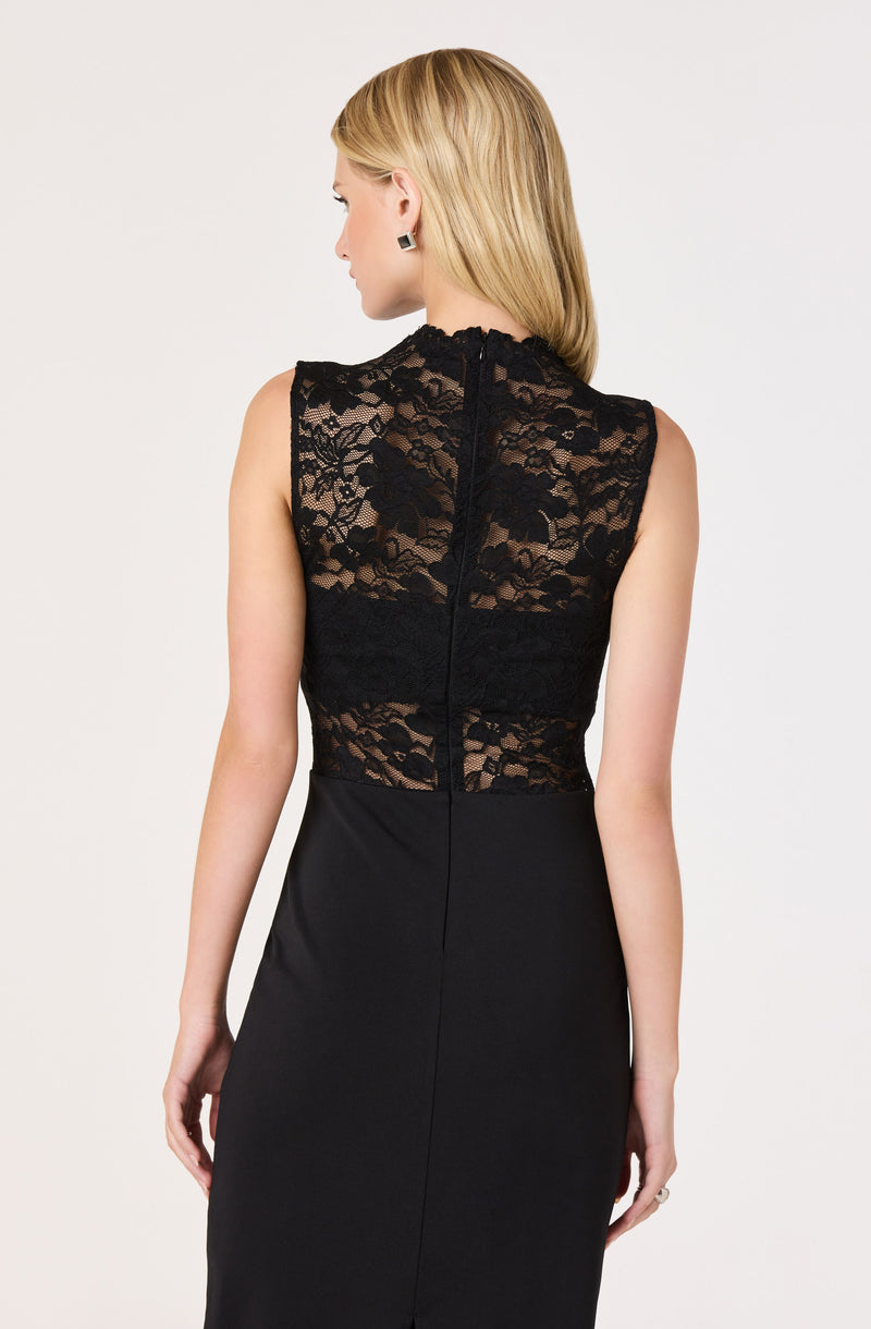 Black sleeveless dress with lace top and solid skirt, back view.