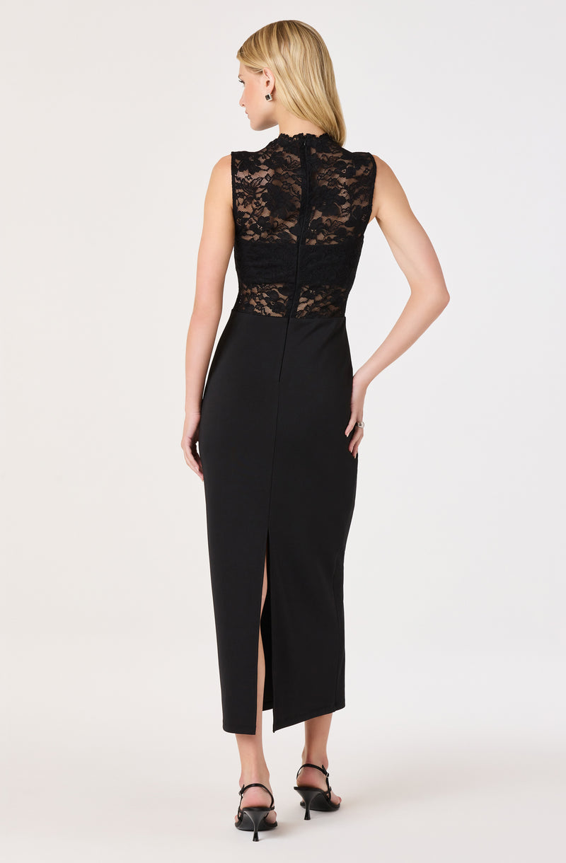 Black sleeveless lace dress with a high neckline and slit at the back.