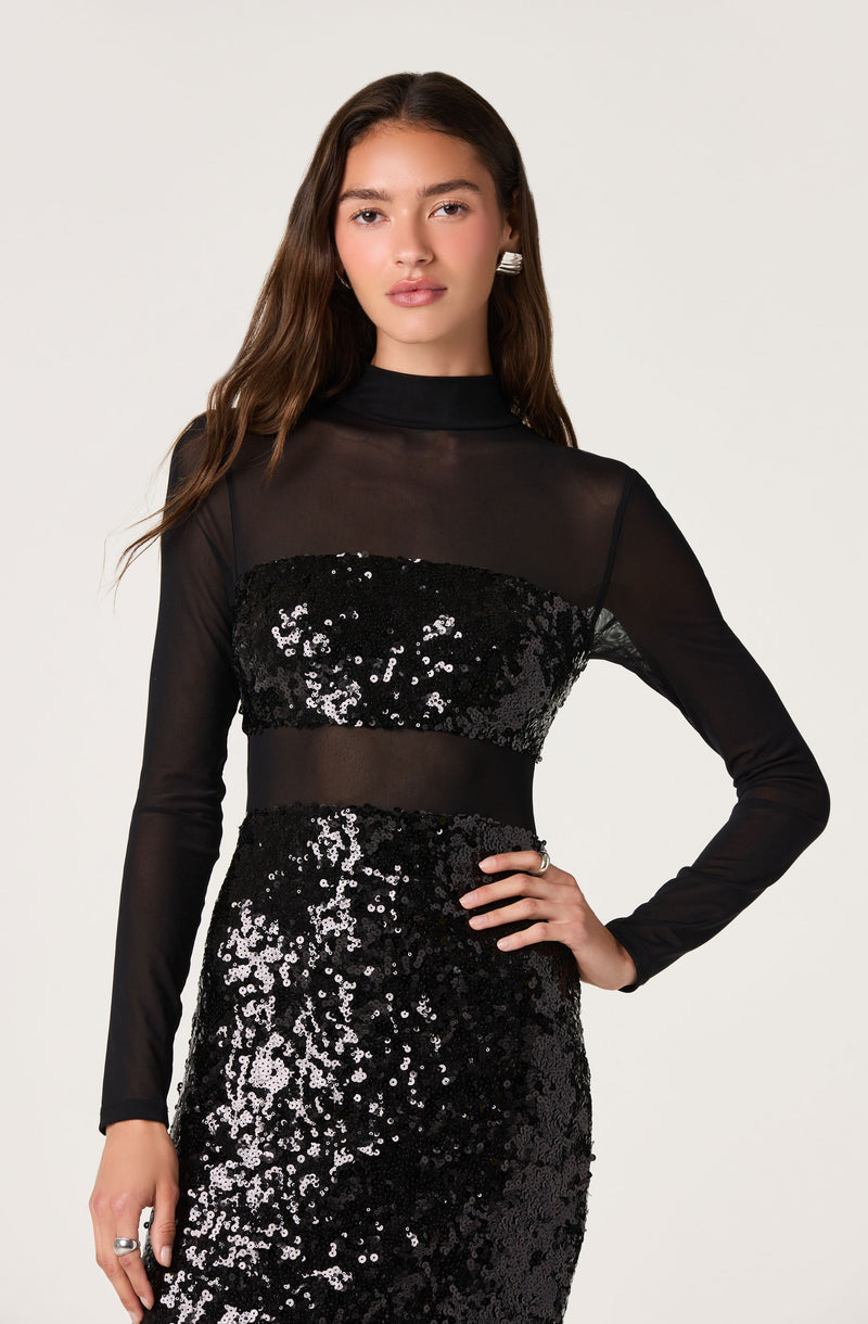 Black dress with sheer long sleeves and sequined top and skirt.