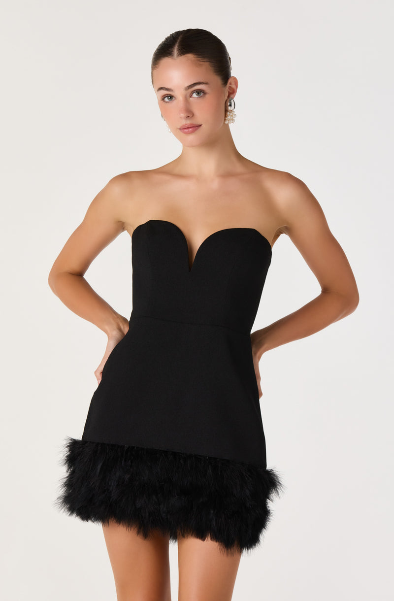 Black strapless dress with a feathered hemline at the bottom.