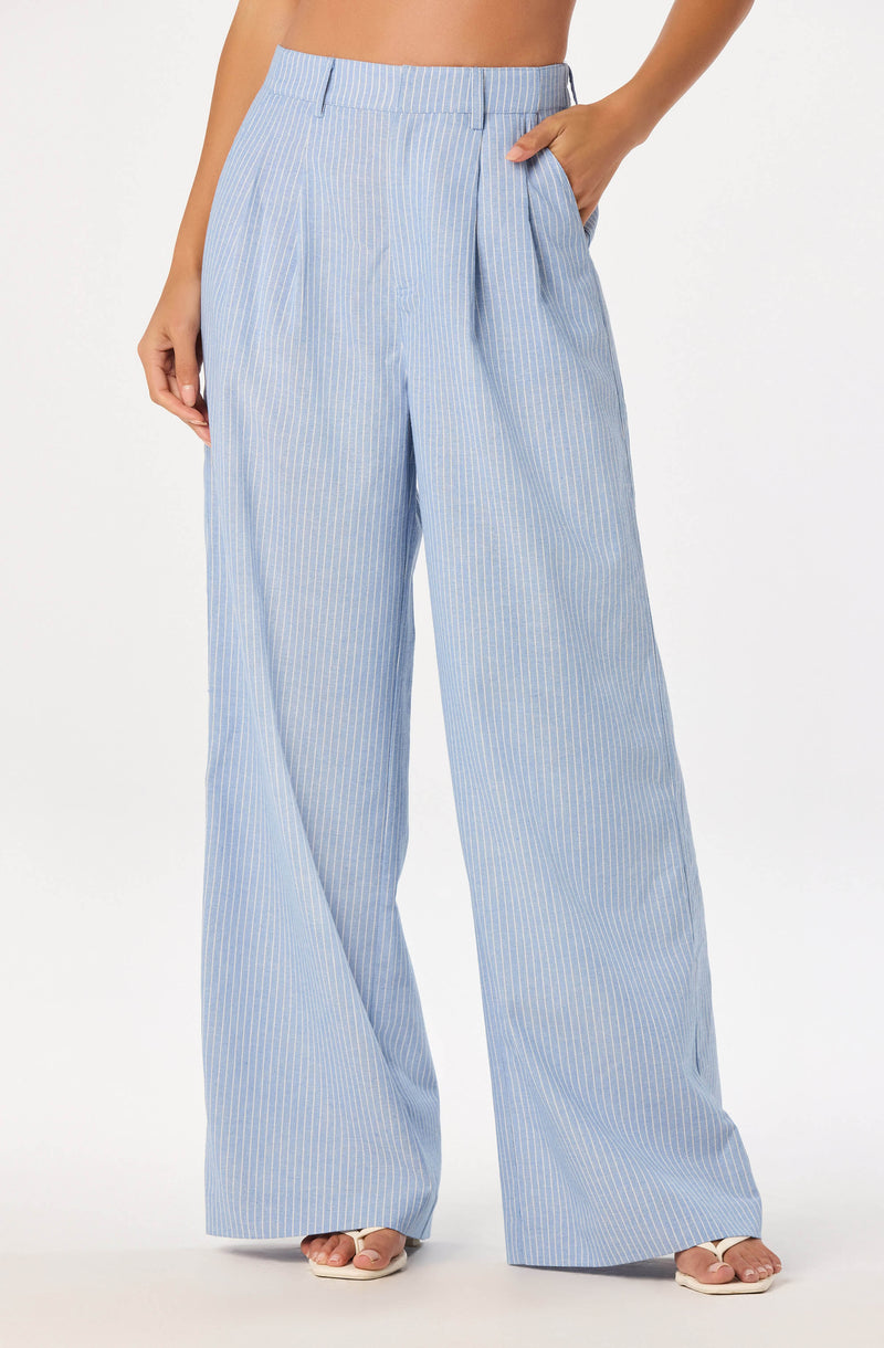 Light blue and white striped wide-leg pants with pleats and a high waist.