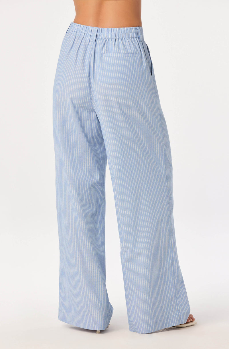 Light blue and white vertically striped wide-leg pants with an elastic waistband.
