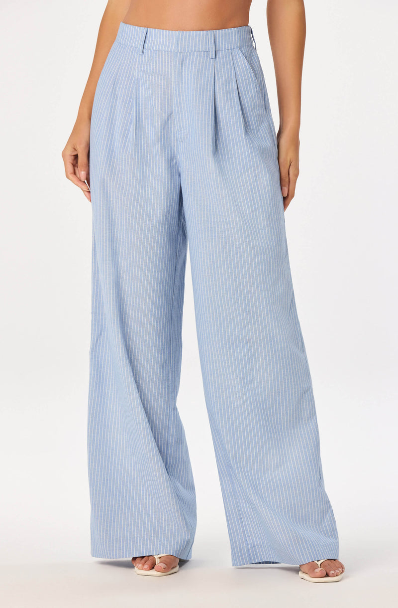 Light blue wide-leg pants with vertical white pinstripes and pleats at the waistband.