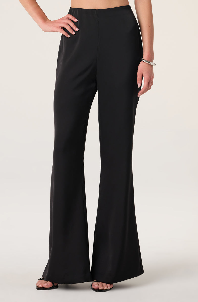 Black wide-leg satin pants.
