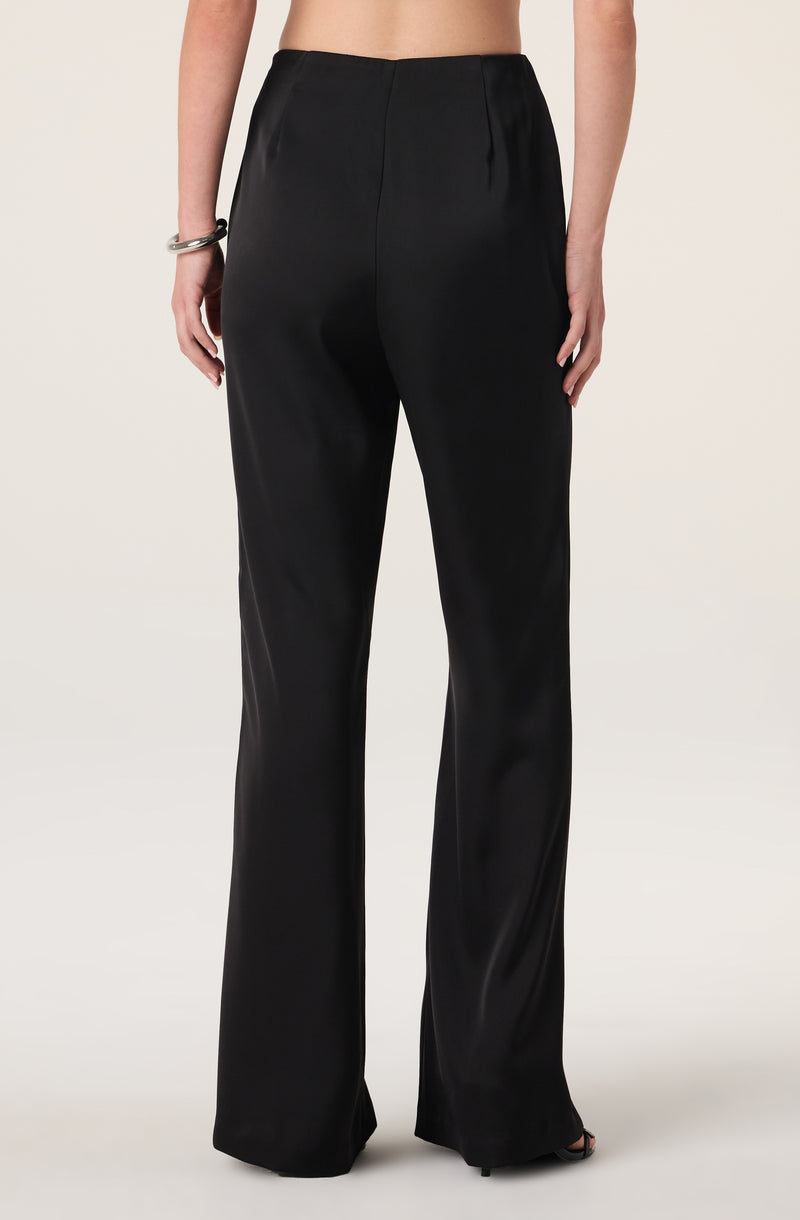 Black satin wide-leg pants.