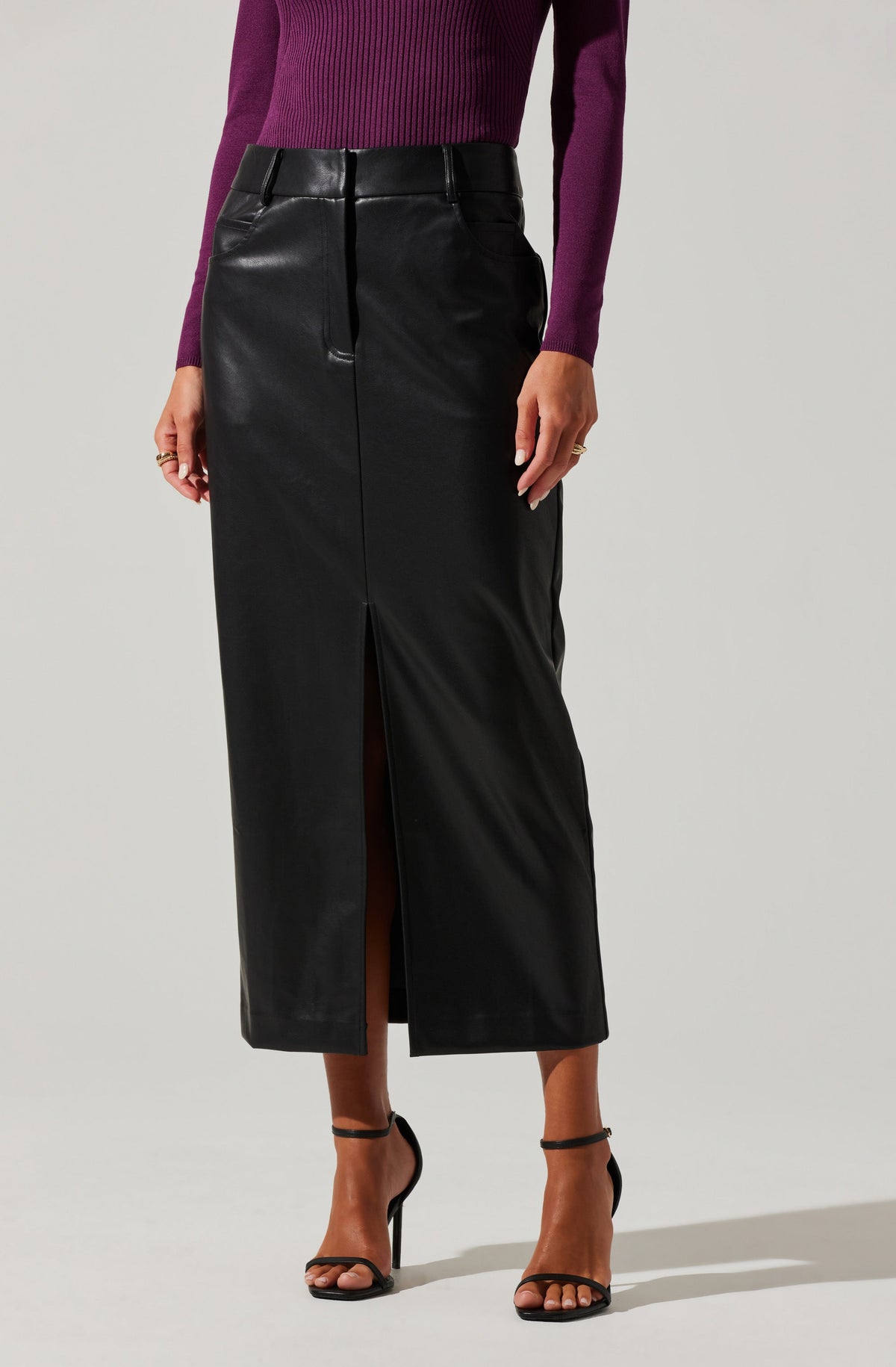 Black Mid Rise Faux Leather Skirt