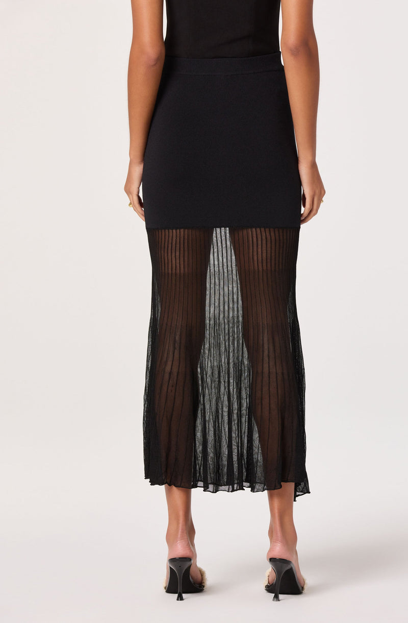 A woman is wearing a black sleeveless top tucked into a high-waisted black skirt. The skirt is solid at the top and transitions into a sheer, vertically striped fabric that extends down to her ankles, revealing her legs through the transparent material. She is also wearing black high-heeled shoes with an open toe design.