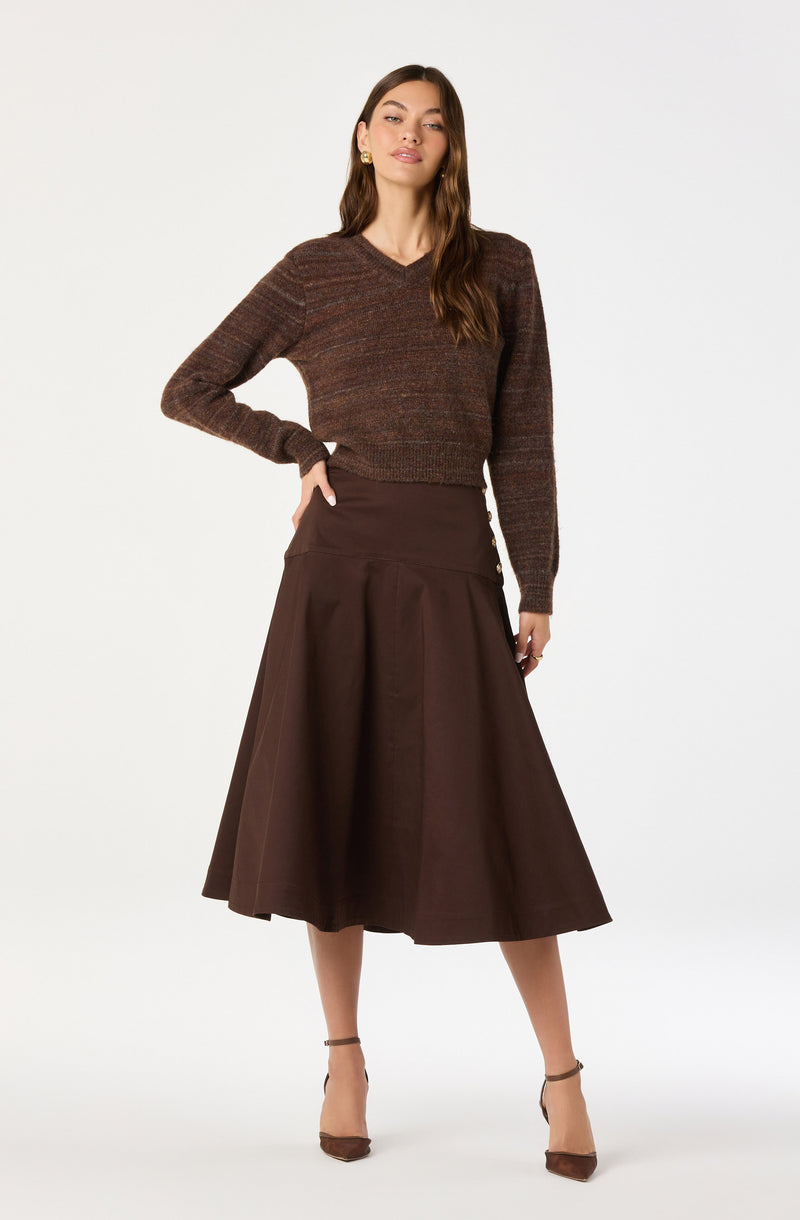 A woman is wearing a multicolored, long-sleeved, V-neck sweater with shades of brown, red, and gray. She has paired it with a high-waisted, dark brown, A-line midi skirt with wide pleats and button embellishments on one side. She is also wearing pointed-toe, ankle-strap heels in a dark brown color.
