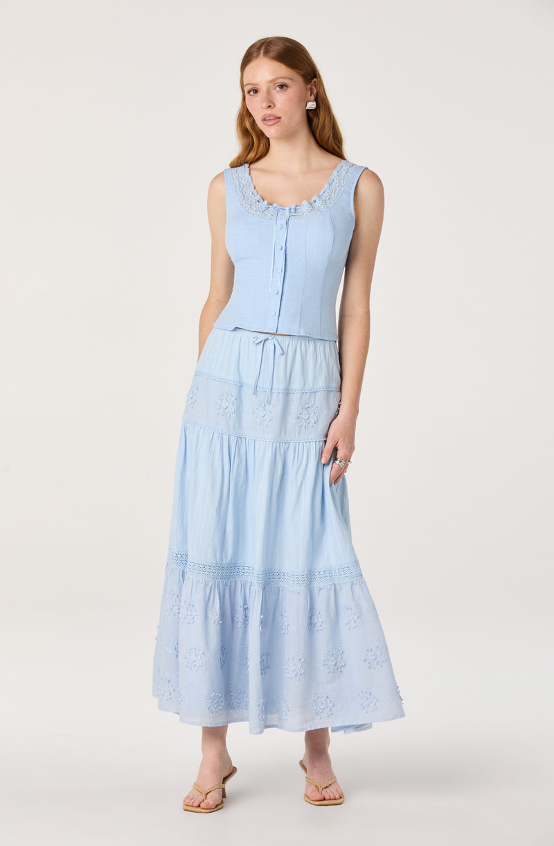 Light blue sleeveless dress with lace details, button front, drawstring waist, and tiered hem.