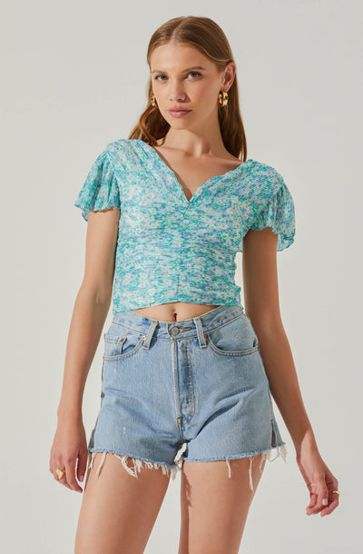 V-neck Plisse Bust Floral Top