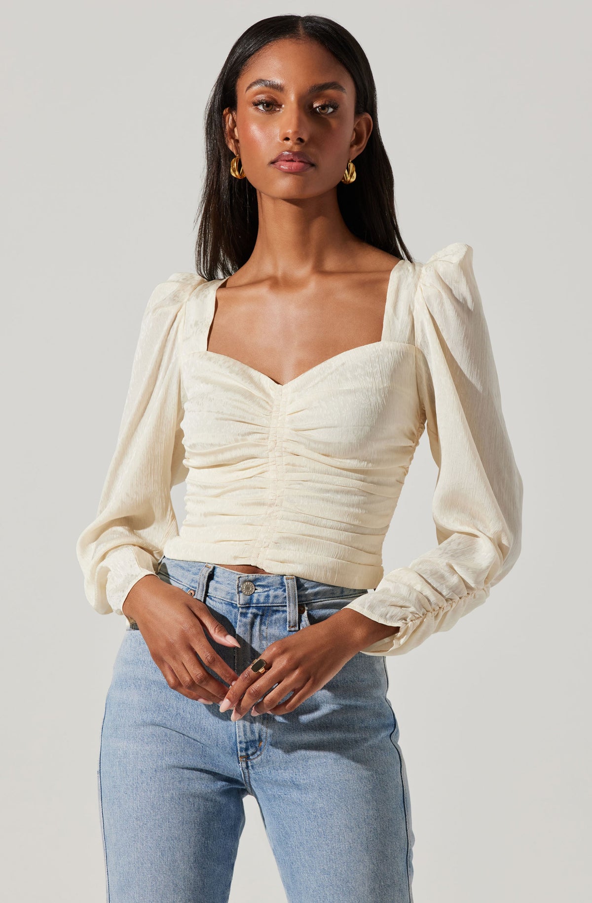 Long Sleeve Ruched Puff Sleeve Top - Cream / XS