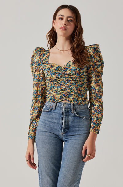 Long Sleeve Floral Ruched Top