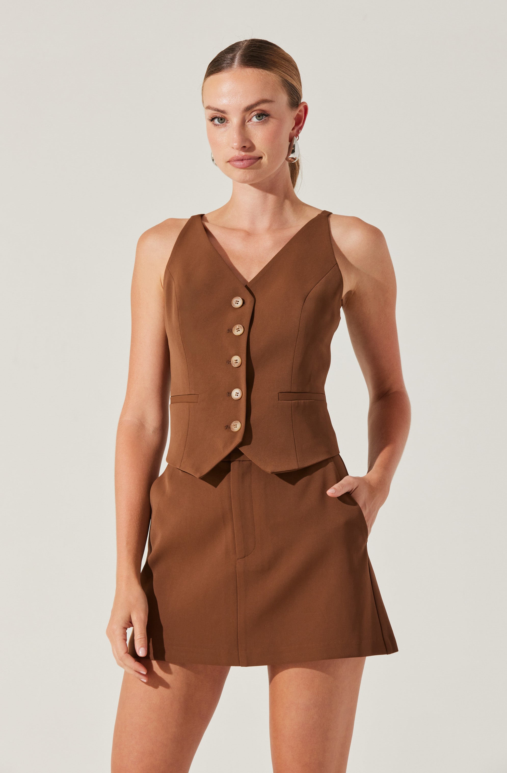 ベスト・ジレ ASCLO Line V Neck Summer Vest (3color) Scoop Women's and Women's Plus Linen Blend V-Neck Button