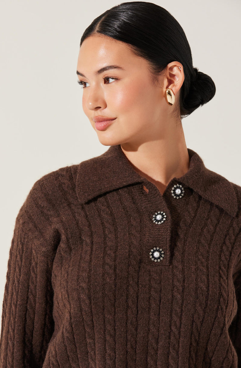 A woman is wearing a dark brown, cable-knit sweater with a collared neckline. The sweater features decorative buttons with a black and white floral design. She has straight black hair styled in a low bun and is accessorized with large, gold hoop earrings.