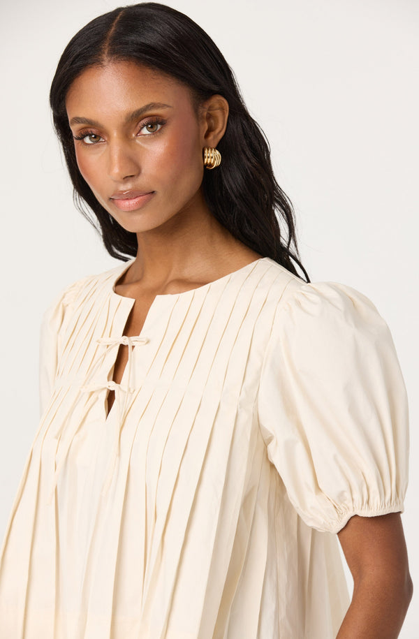 pleated swing dress with sleeves Women's Pure-Color Pleated Puff Sleeve Midi Dress