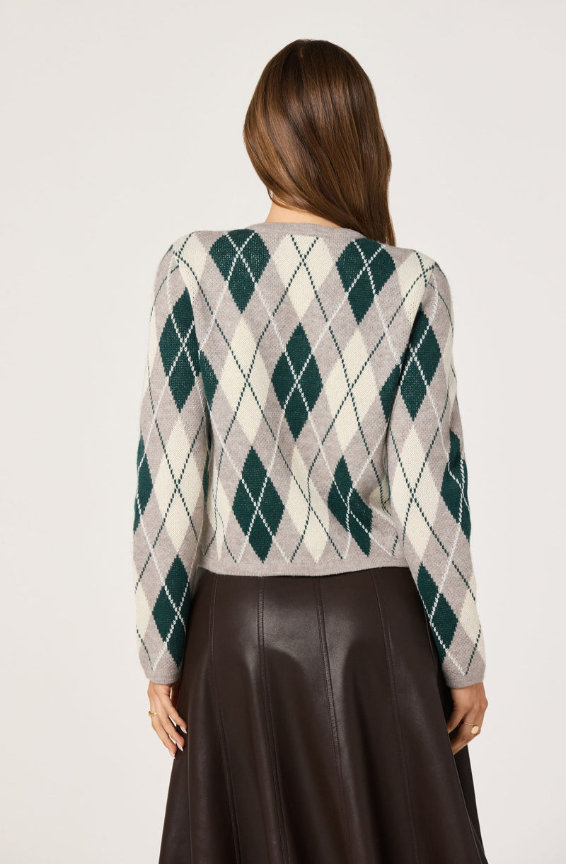 A person is wearing a long-sleeved sweater with a gray background that features a large diamond-shaped argyle pattern in dark green, white, and light beige. The sweater appears to be knitted with a slightly loose fit. The individual is also wearing a dark brown, high-waisted, A-line leather skirt that reaches below the knees. The back of the person's head shows long, straight brown hair.
