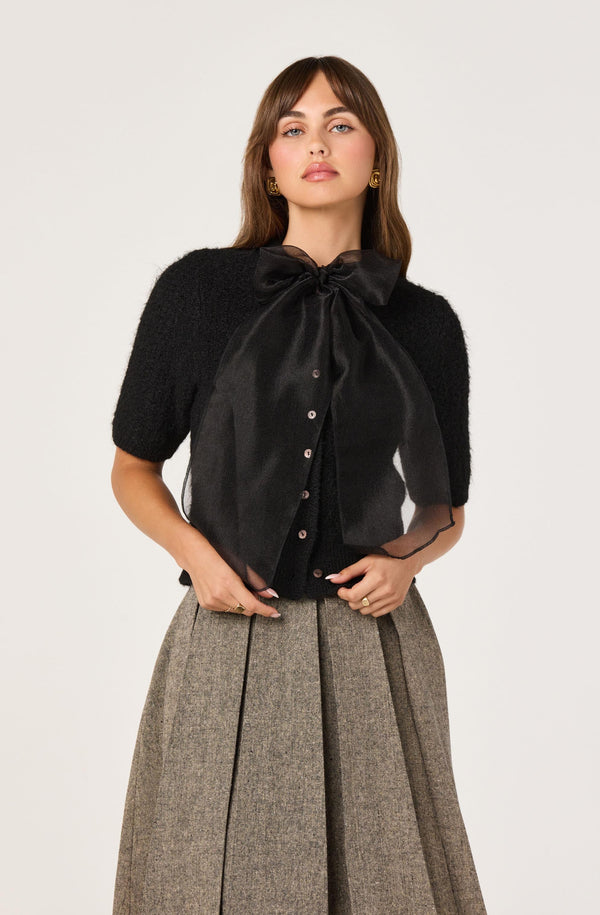 トップス andmary sheer ribbon cardigan black Organza Bow Short Sleeve Cardigan - ASTR the Label