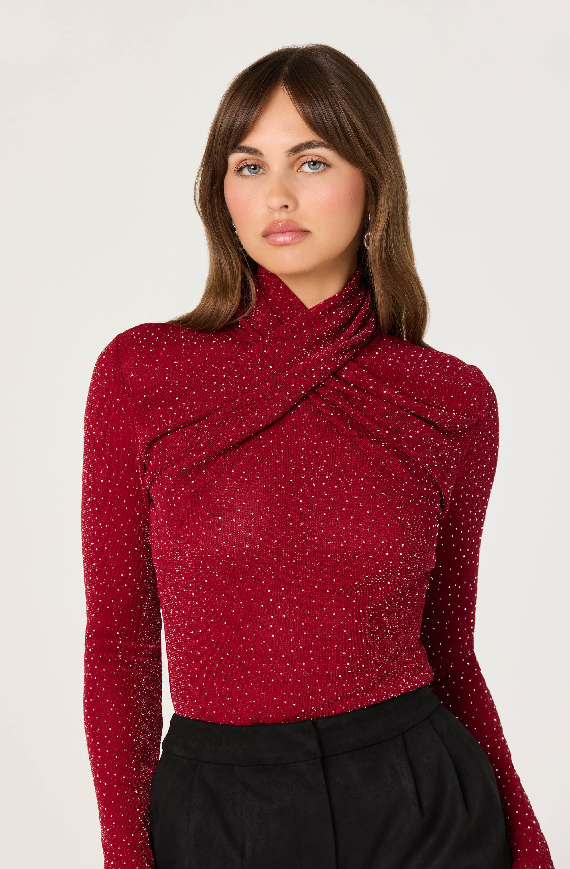 Embellished Crossover Mock Neck Top - ASTR the Label