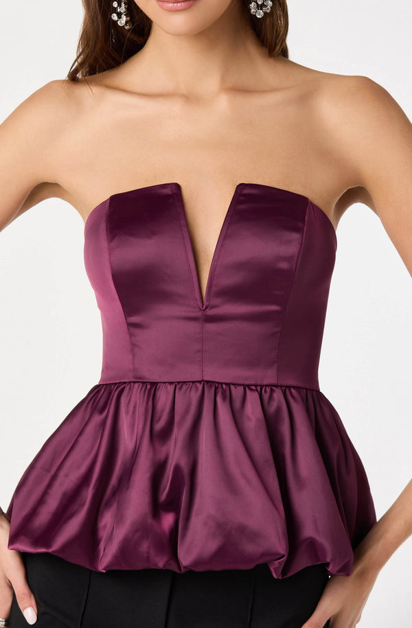 Satin Strapless Plunge Peplum Top - ASTR the Label