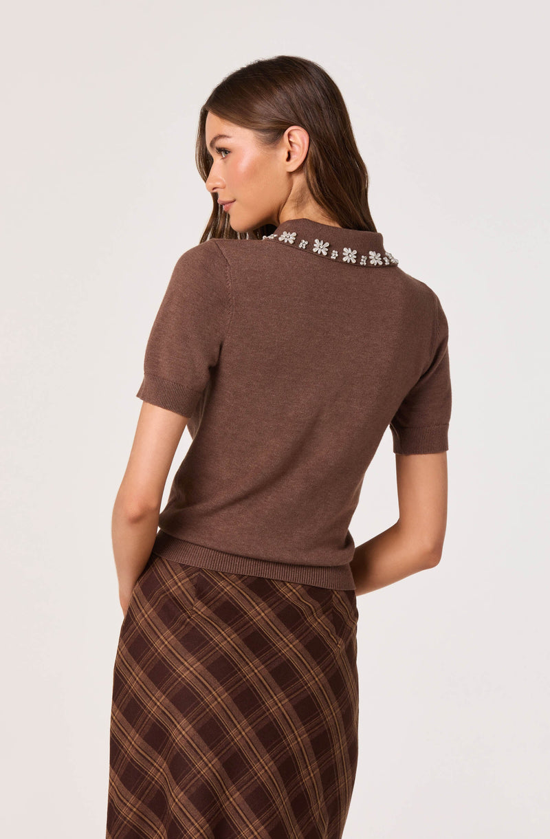 A woman wearing a short-sleeved brown sweater with a decorative collar adorned with white floral embroidery. She pairs it with a high-waisted, brown plaid skirt featuring diagonal stripes in shades of brown and yellow.