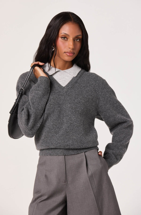 grey sweater over dress shirt Contrast Faux Layered colour:mint