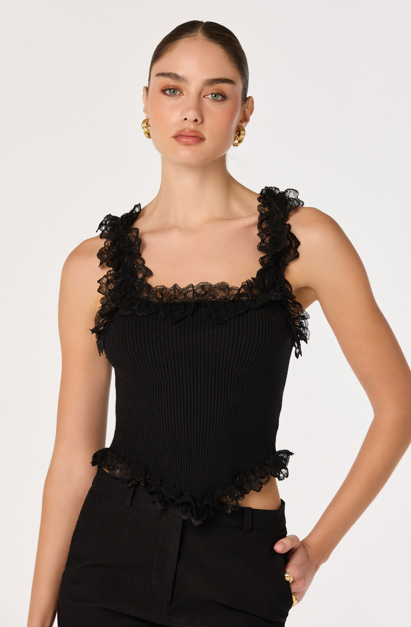 Black sleeveless top with ruffled lace trim on straps, neckline, and hem.