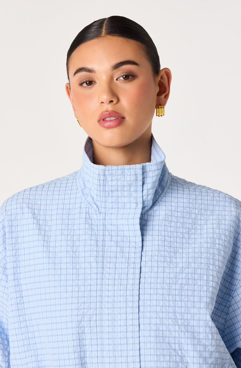Woman wearing a light blue checkered high-collared shirt with gold earrings.
