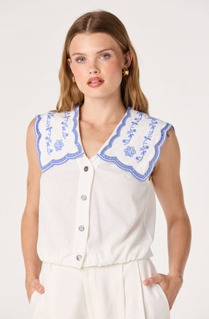 Corinne Embroidered Sailor Collar Top - ASTR the Label