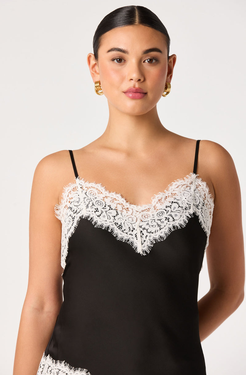 Black slip with white lace trim around neckline and hem, thin black shoulder straps.