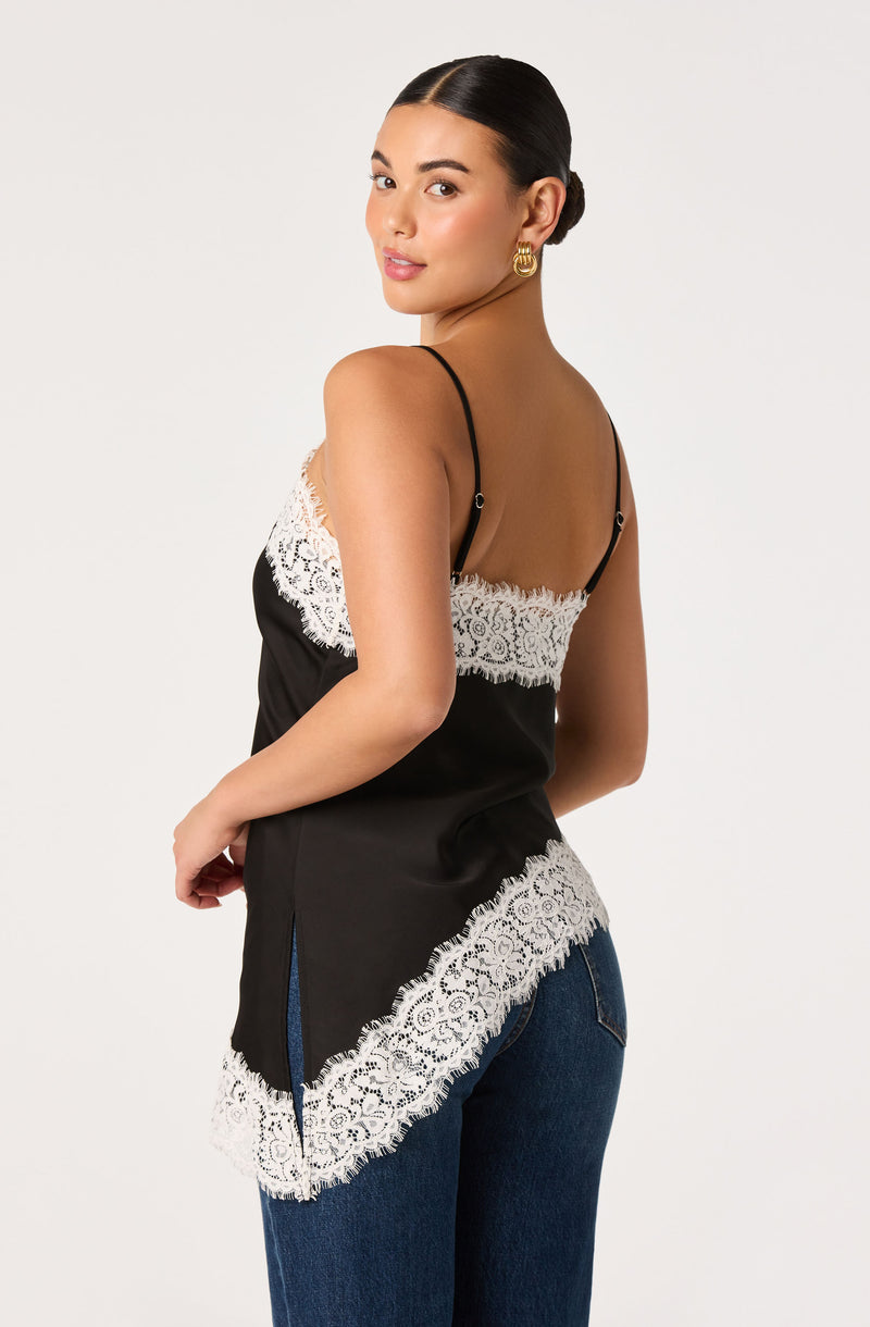 Black camisole with white lace trim and spaghetti straps.