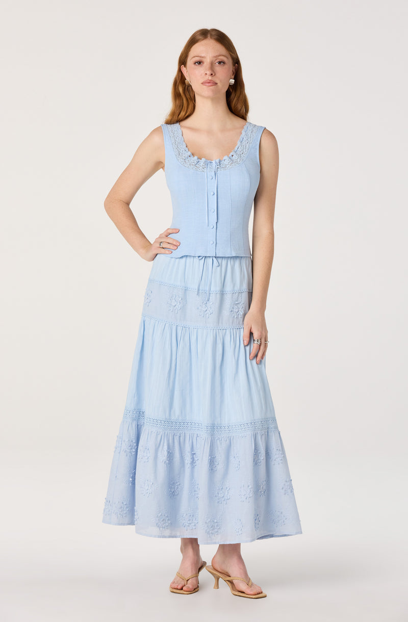 Light blue sleeveless dress with lace details around the neckline and tiered skirt.