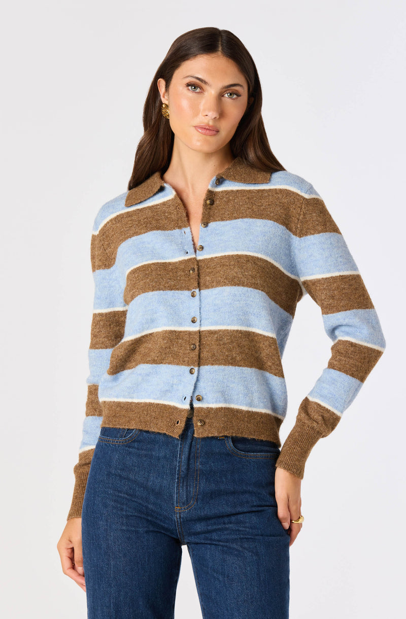Woman wearing a brown and light blue striped cardigan with a collared neckline and button closure.