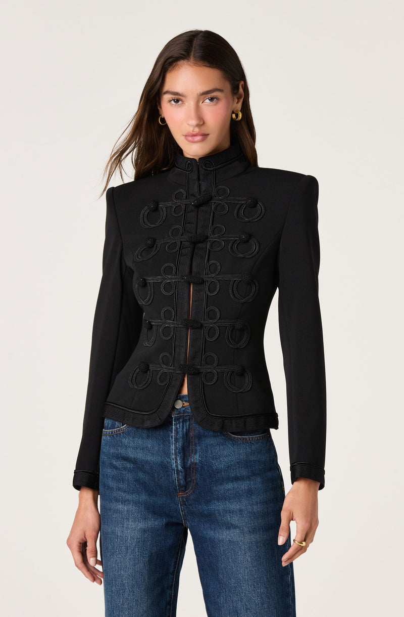 Black military-style jacket with decorative knot details and a stand collar.
