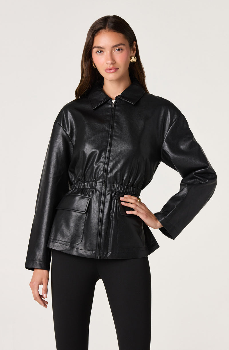 Black leather jacket with a front zipper, collar, and elastic waistband.