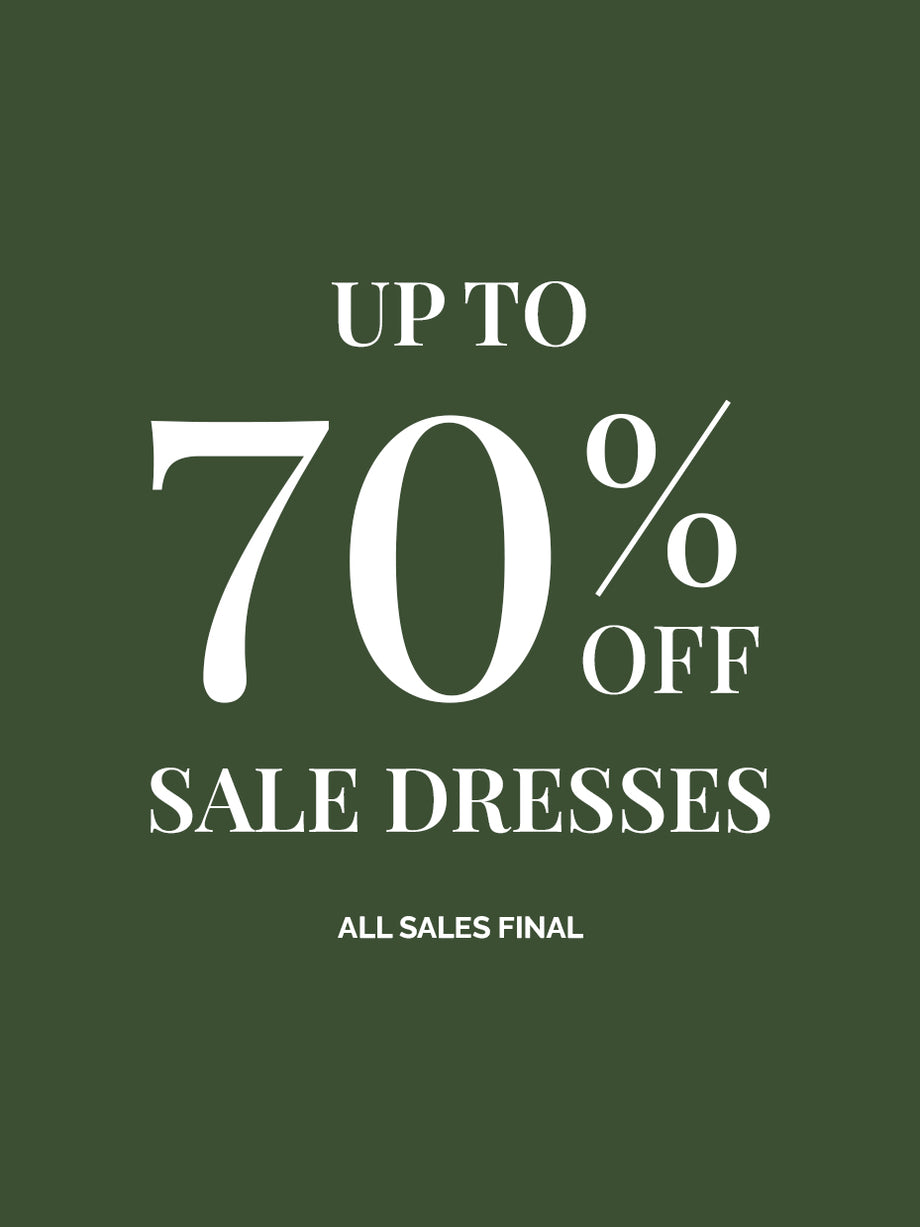 Text on a dark green background promoting sale dresses up to 70% off.