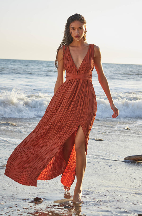 tresa pleated maxi dress with slit Tyla Dusty Sage Pleated Maxi Dress