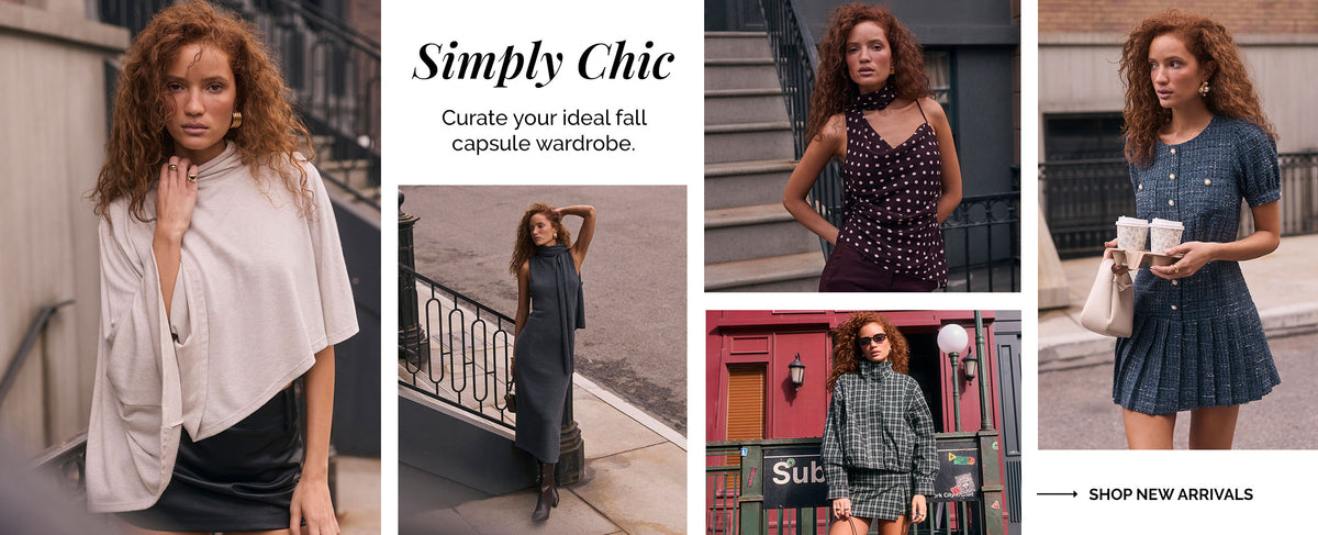 Woman in various fall outfits: capes, dresses, and printed or plaid garments.