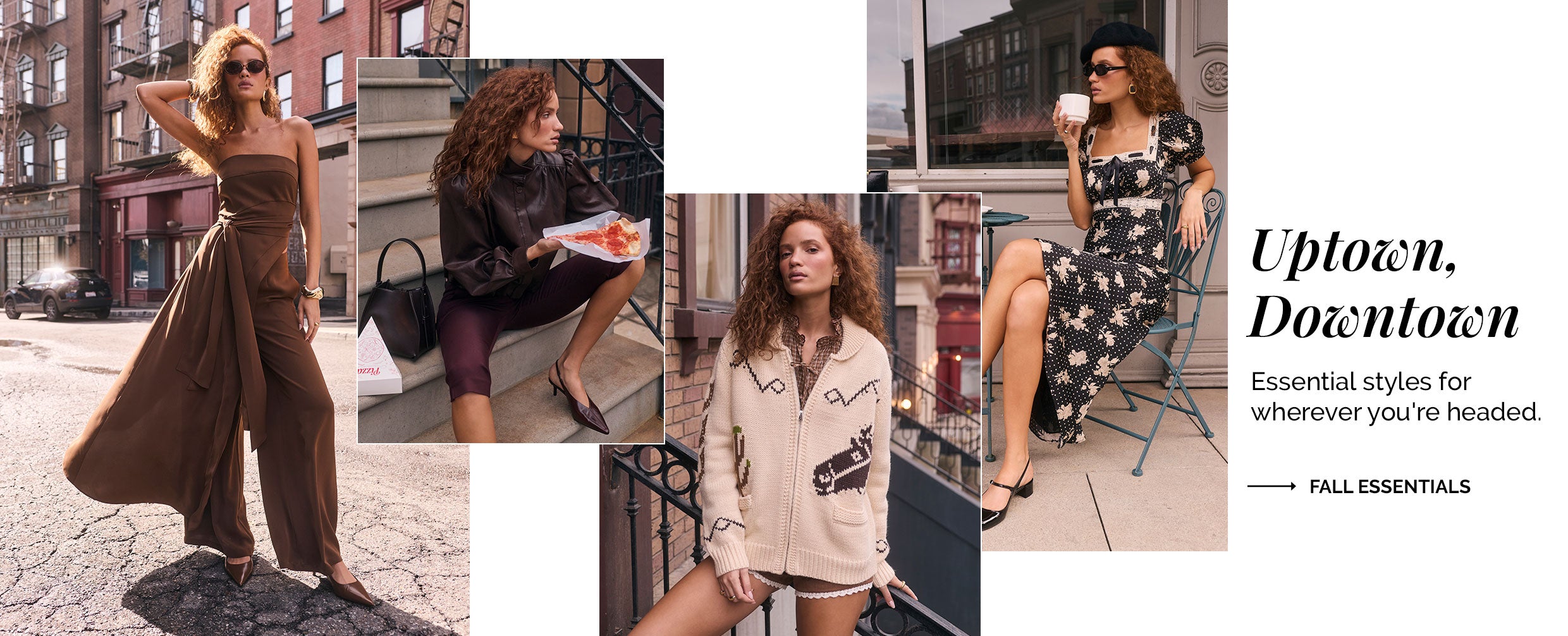 Woman in a strapless brown jumpsuit, woman in black leather jacket with purple pants, woman in cream oversized jacket, woman in black floral dress.