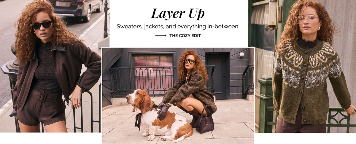 Woman in black sunglasses wearing a brown jacket, black sweater, and black shorts; woman in winter sweater with Nordic pattern.