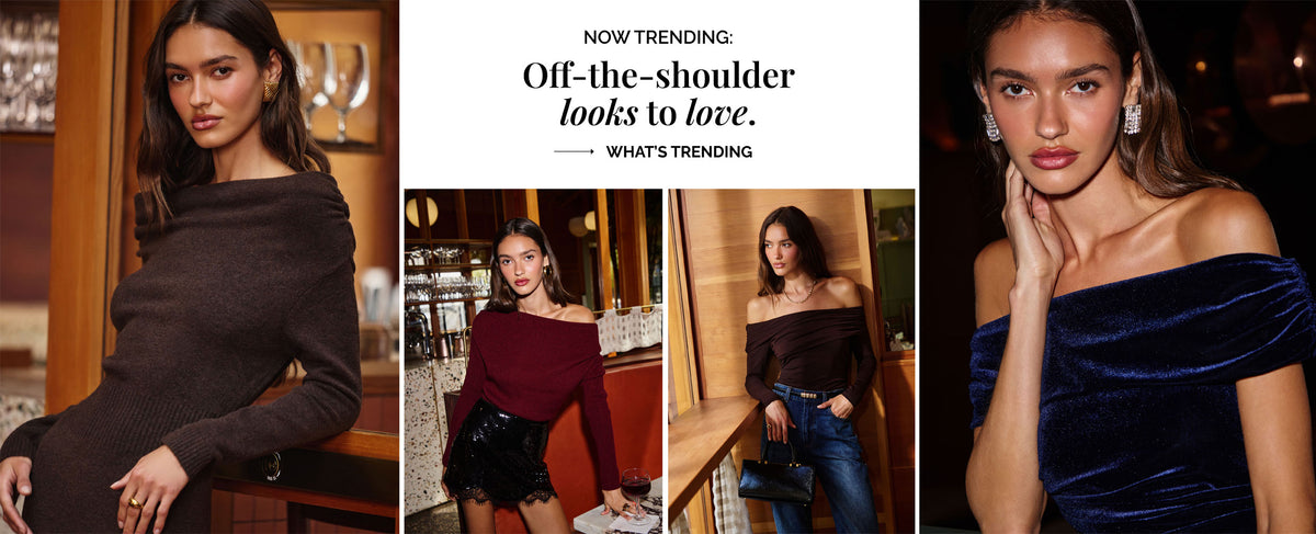 Woman wearing off-the-shoulder sweaters in various colors, including black, red, and navy blue.