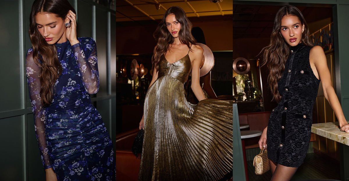 Woman in a long, sheer blue lace dress; woman in a gold pleated gown; woman in a black sequined dress.