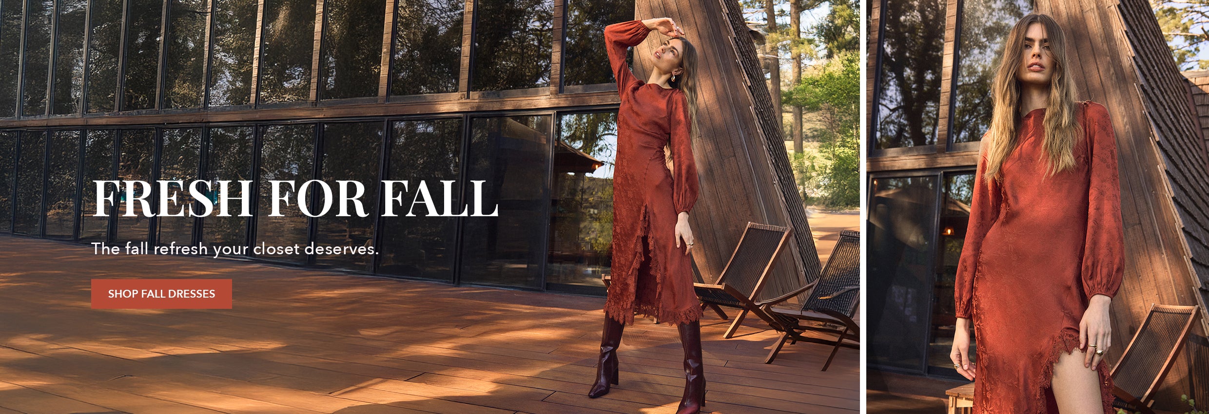 Woman in a red dress standing in a rustic outdoor setting with 'Fresh for Fall' text overlay.