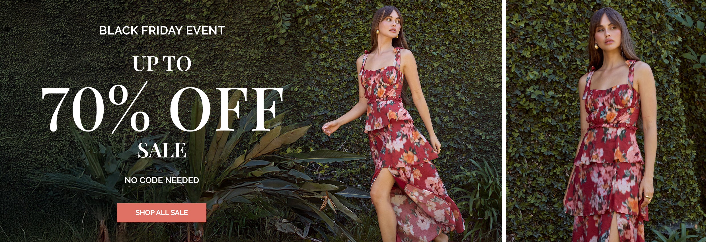 Woman in a sleeveless, floral, ruffled dress with a slit, in front of greenery.