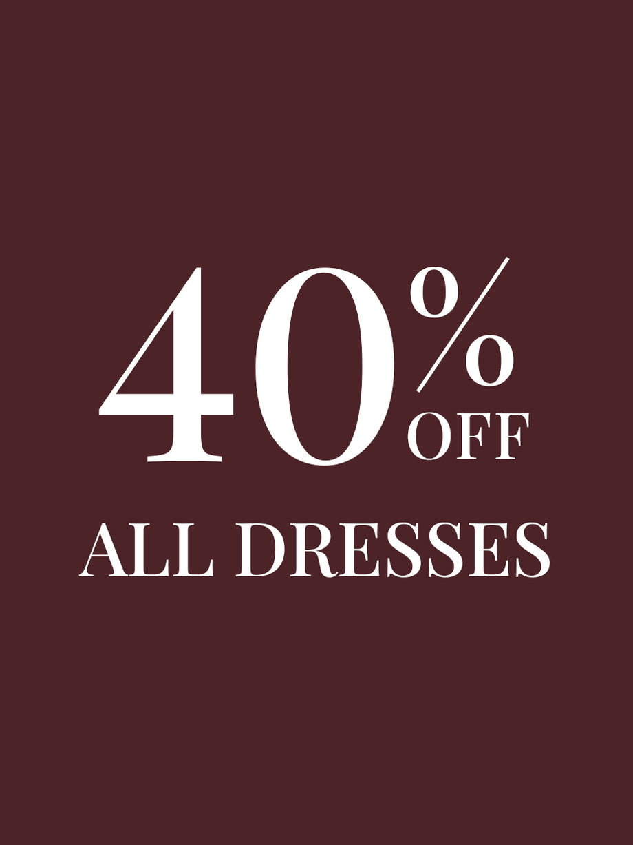 White text on a dark red background promoting 40% off all dresses.