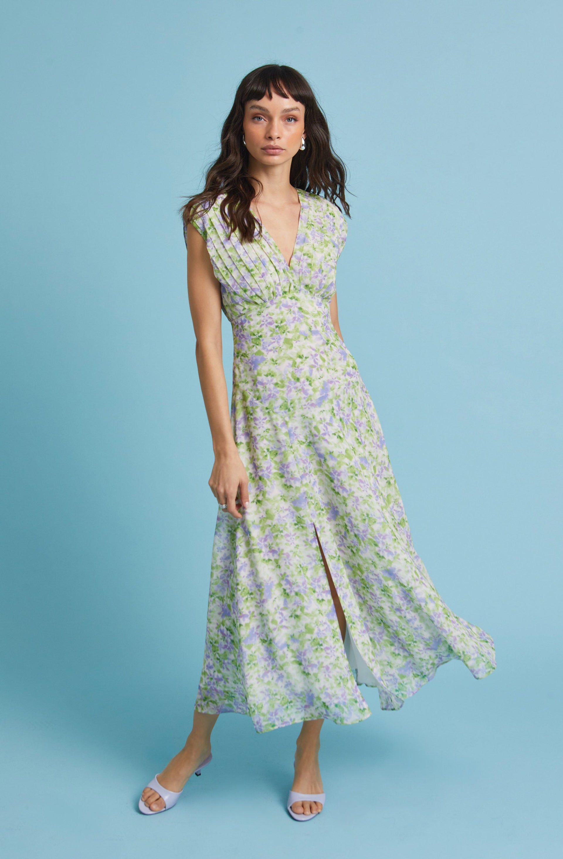 V-Neck Pleated Floral Midi Dress - ASTR the Label V-Neck Pleated Floral Midi Dress - ASTR the Label