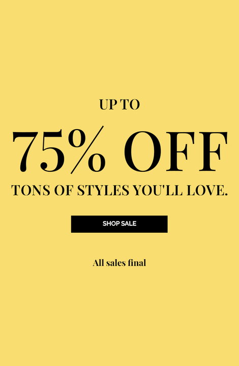 Text on yellow background promoting up to 75% off, with black 