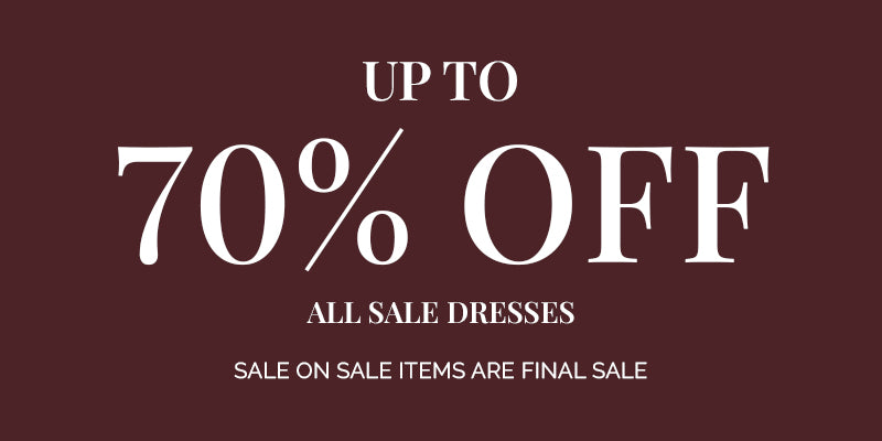 Dark red background with white text advertising sale on dresses up to 70% off.