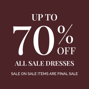 Text on maroon background advertising up to 70% off dresses and final sale on sale items.