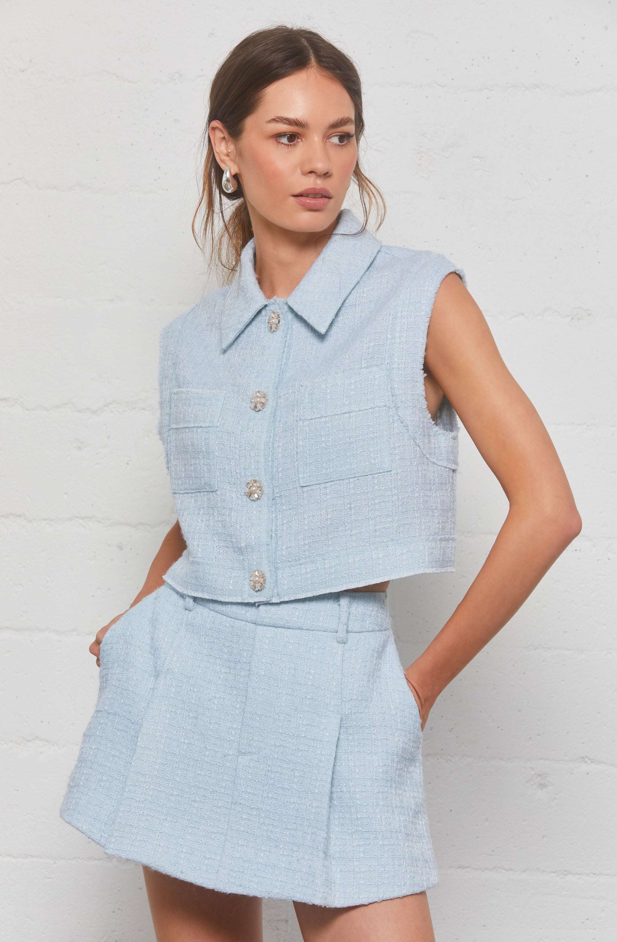 トップス pois tweed vest blue Jhene Tweed Sleeveless Top– ASTR the Label