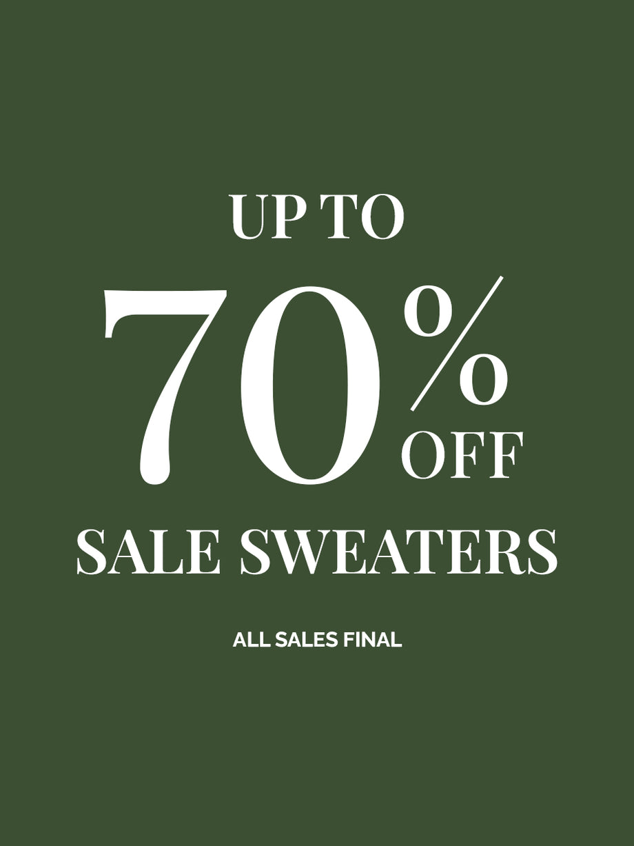 Green background with white text promoting up to 70% off sale on sweaters.